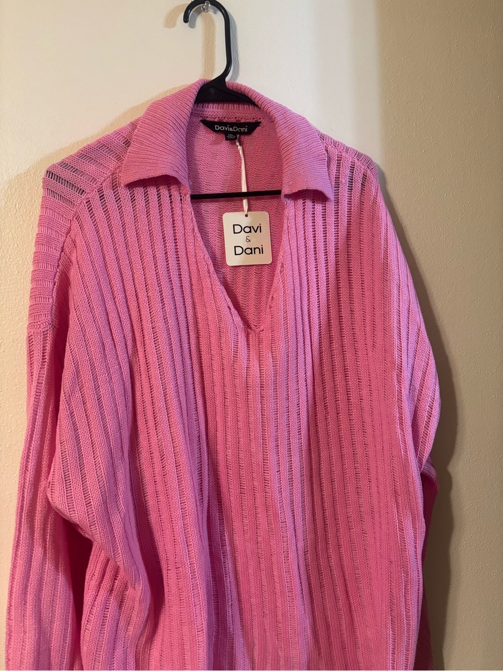 DAVI & DANI Pink Ribbed V-Neck Collared Sweater